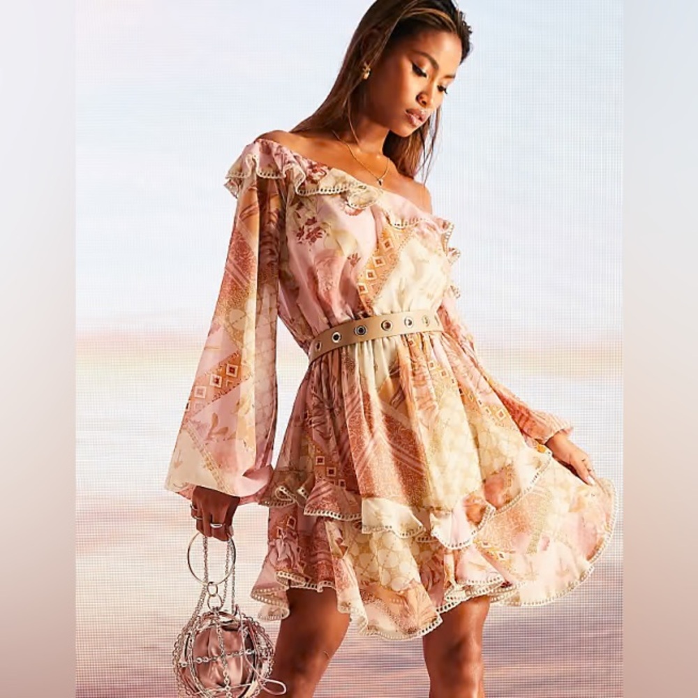 ASOS DESIGN fallen shoulder tiered floral mini skater dress with lace insert 12